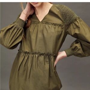 Anthropologie Mare Mare Women's Green Renee Smocked Long Sleeve Tunic Blouse S